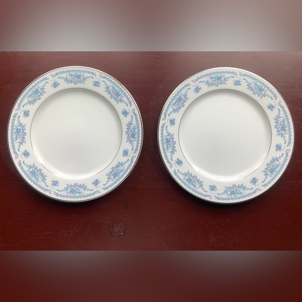 TWO (2) Salad Plates Winsford, Ekco Internation Blue Pink Flowers, Blue Scrolls